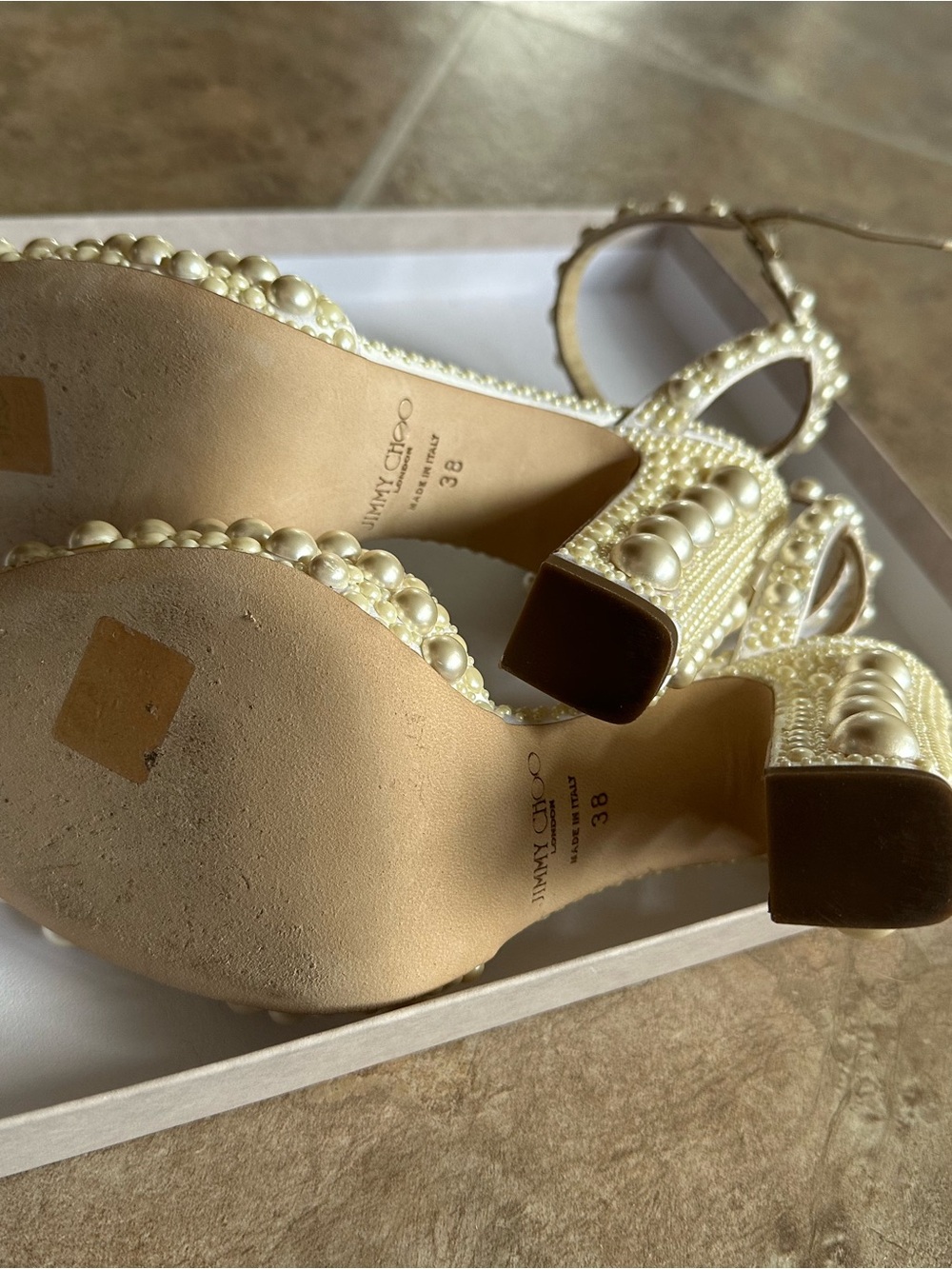 Jimmy Choo Pearl-Embellished Ivory High Heel Sandals - Picture 4 of 6